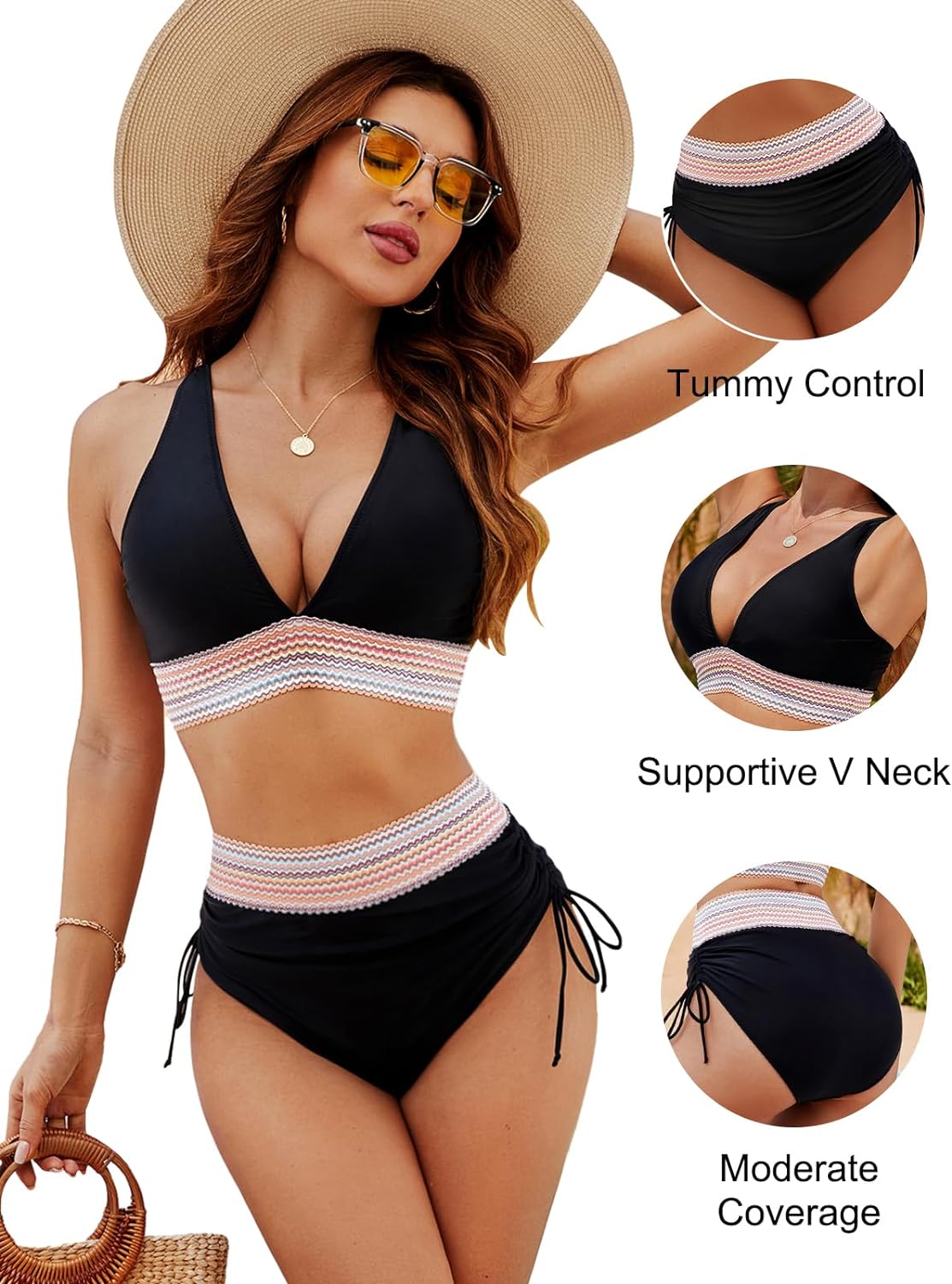 🔥Last Day Special Price £12.99!!💥👙High Waisted Tummy Control Colour Block Bikini Sets