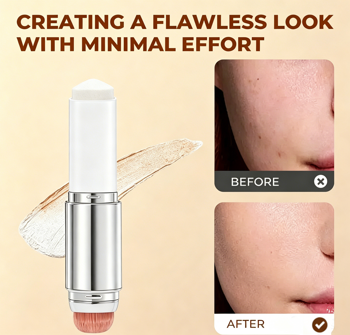 🎁Last Day - BUY 1 GET 1 FREE🎁Cover Cream Stick V w/ Detachable Brush - Korean Skin Care Color-Changing Foundation Stick with Collagen Capsules (0.45 oz)