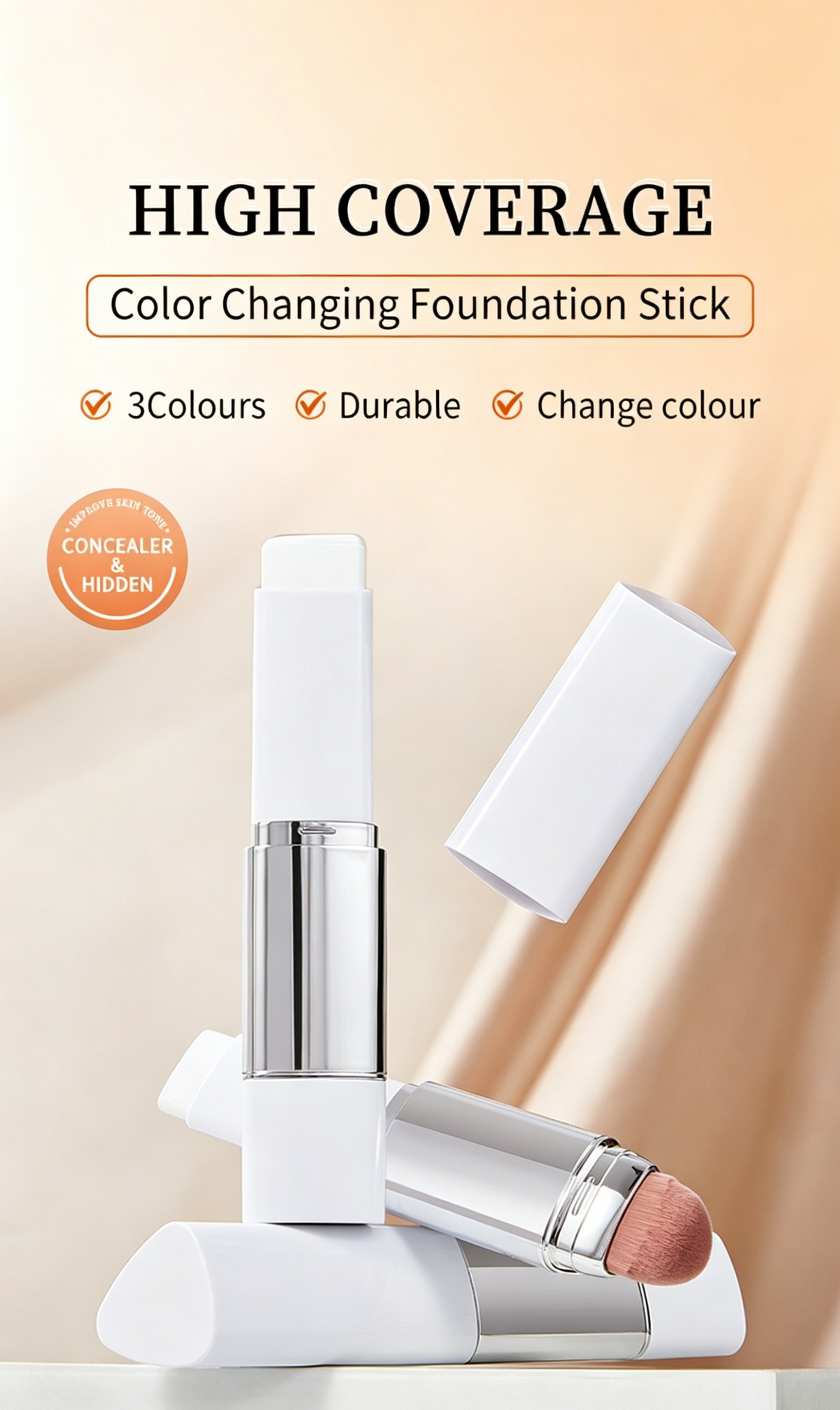 🎁Last Day - BUY 1 GET 1 FREE🎁Cover Cream Stick V w/ Detachable Brush - Korean Skin Care Color-Changing Foundation Stick with Collagen Capsules (0.45 oz)