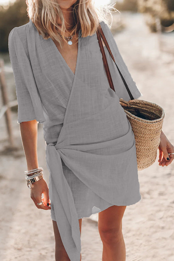 🔥Spring Sale 55% OFF - Cotton Linen Blend Knotted Wrap Mini Dress
