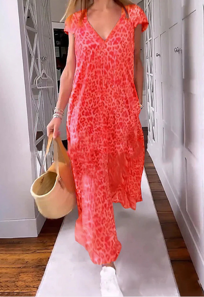 🌸Spring Sale 50% OFF✨V-neck Printed Short-sleeved Long Dress