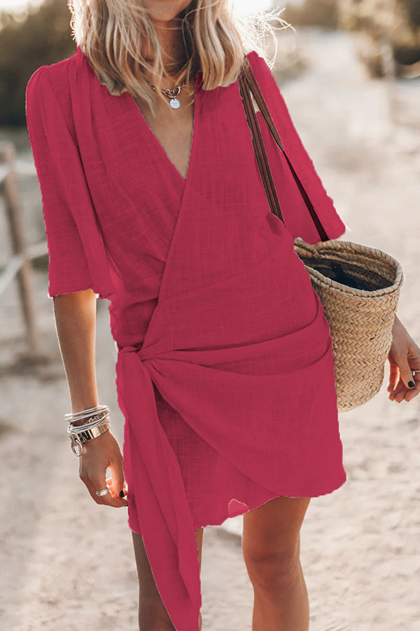 🔥Spring Sale 55% OFF - Cotton Linen Blend Knotted Wrap Mini Dress