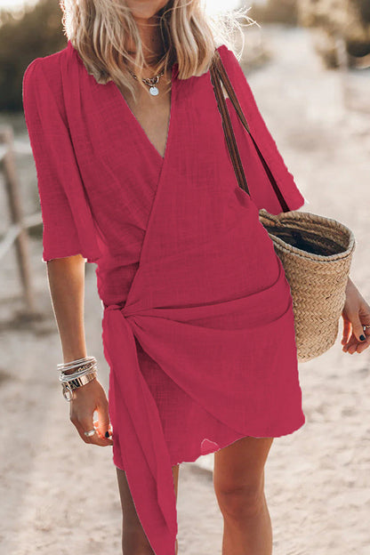 🔥Spring Sale 55% OFF - Cotton Linen Blend Knotted Wrap Mini Dress