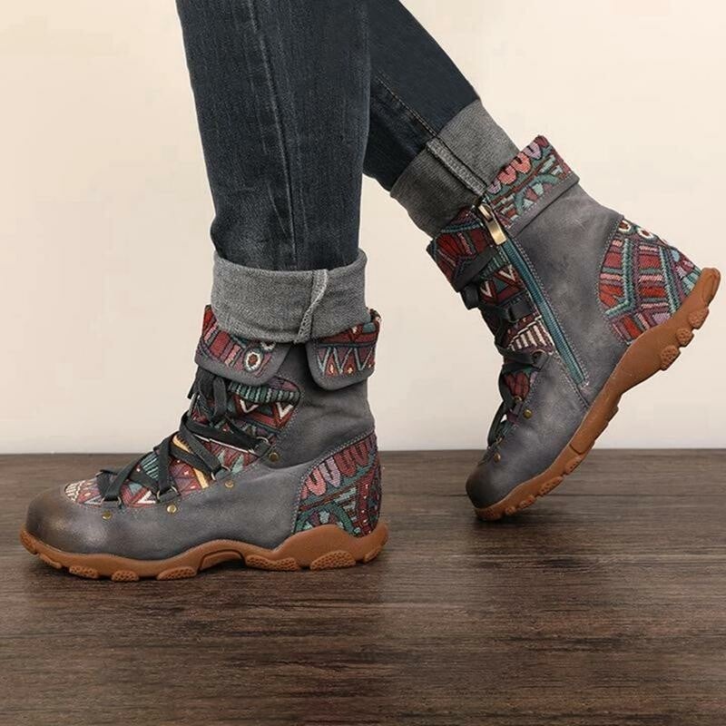 2021 Boho Embroidere Lace-up Casual Ankle Boots
