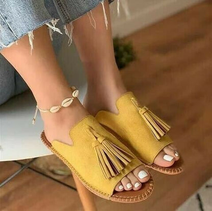 2021 Womens Tassels Open Toe Flats Slides