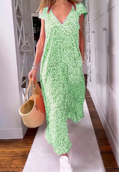 🌸Spring Sale 50% OFF✨V-neck Printed Short-sleeved Long Dress