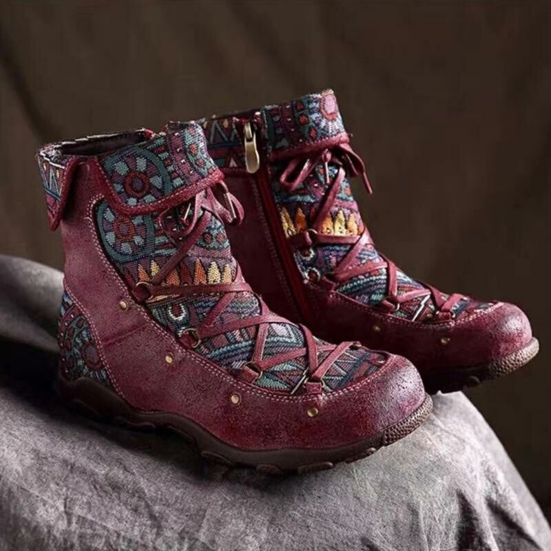 2021 Boho Embroidere Lace-up Casual Ankle Boots