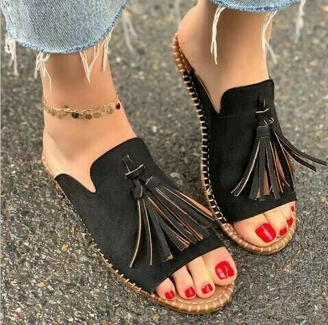 2021 Womens Tassels Open Toe Flats Slides