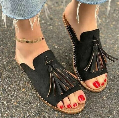 2021 Womens Tassels Open Toe Flats Slides