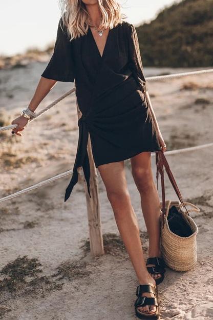 🔥Spring Sale 55% OFF - Cotton Linen Blend Knotted Wrap Mini Dress
