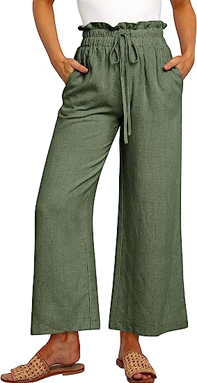 Women's High Waist Drawstring Wide Leg Linen Pants