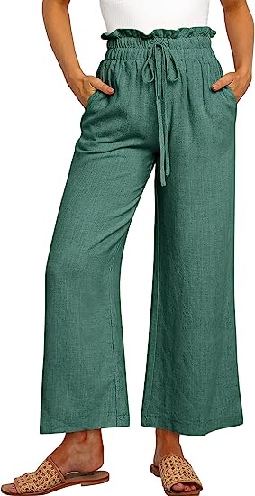 Women's High Waist Drawstring Wide Leg Linen Pants