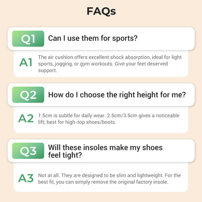 Comfortable Insoles with Air Cushion and Height-Increasing Effect