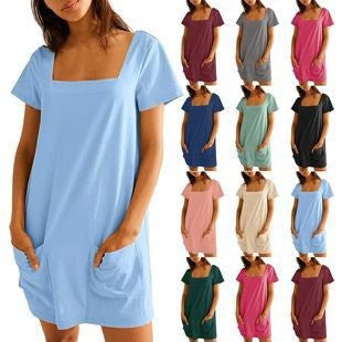 💕Last Day Promotion 49% OFF👗Women's Casual Square Neck Pocket Short Sleeve Dress with Pockets
