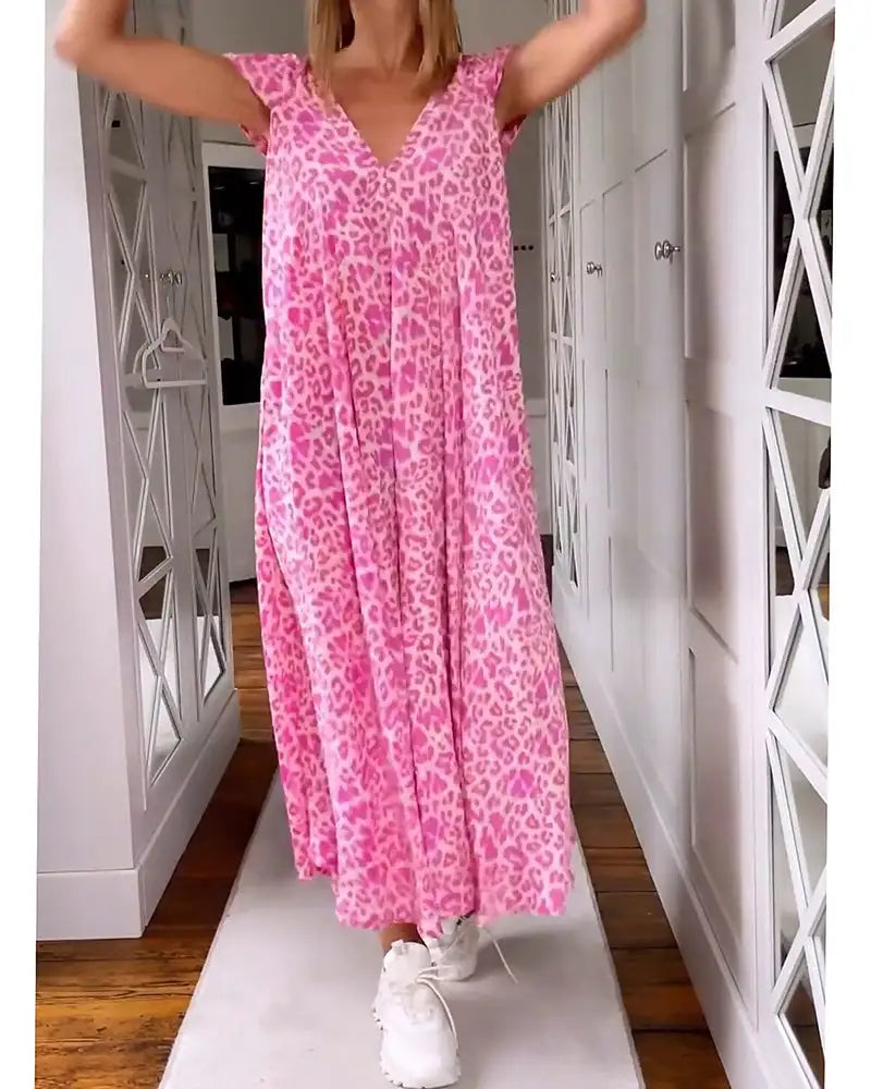 🌸Spring Sale 50% OFF✨V-neck Printed Short-sleeved Long Dress