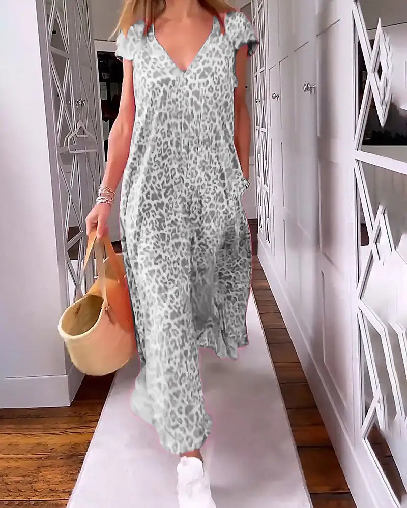 🌸Spring Sale 50% OFF✨V-neck Printed Short-sleeved Long Dress
