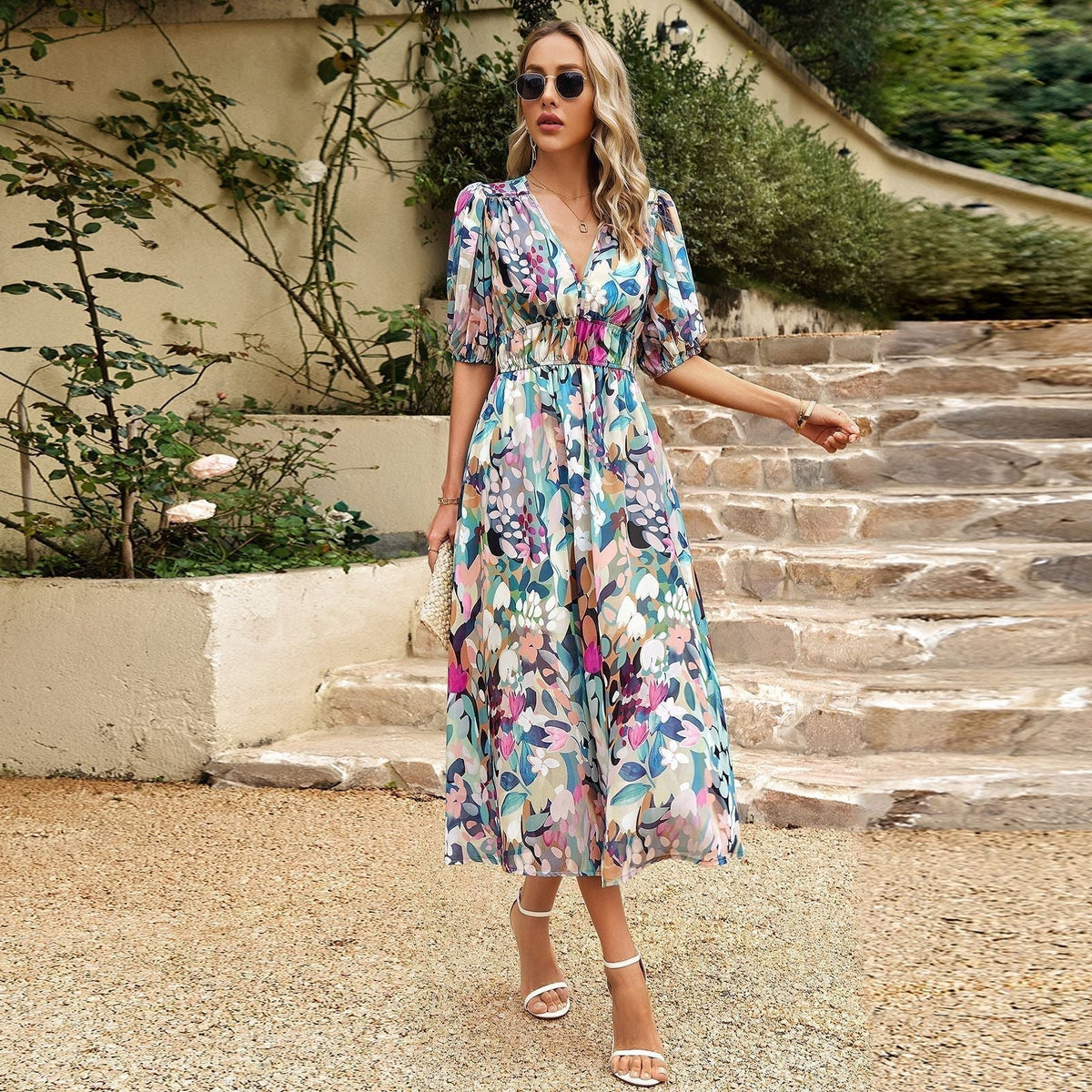 🔥Hot Sale 50% OFF🎀Elegant Waist V-neck Printed Dress