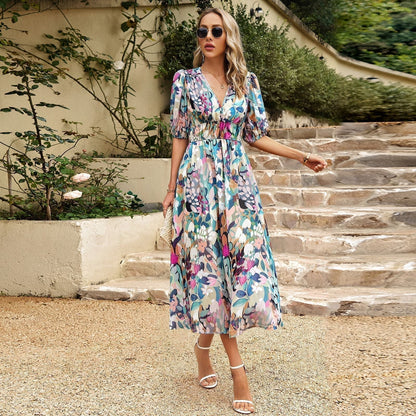 🔥Hot Sale 50% OFF🎀Elegant Waist V-neck Printed Dress