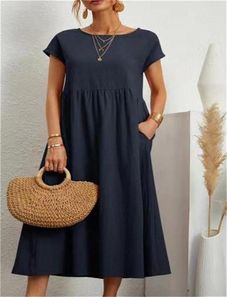 Solid Colour Sleeveless Loose Cotton Pocket Dress