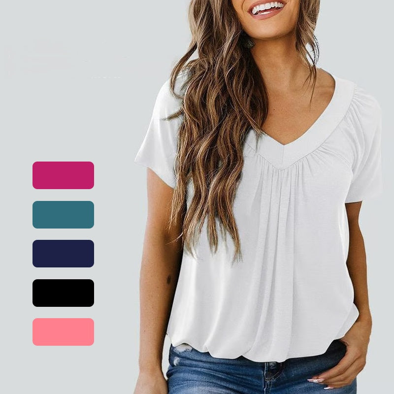 🎁Hot Sale 60% OFF⏳Women's Casual Pleated V-Neck Short-Sleeve Top