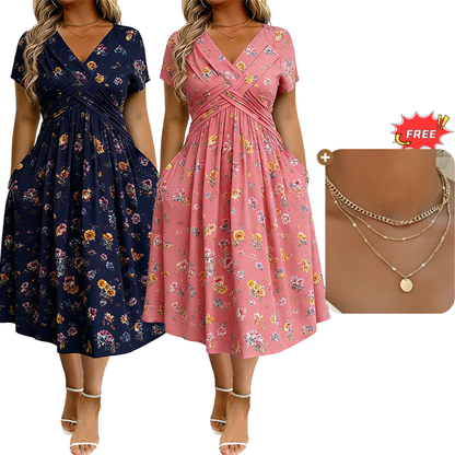 ⏳LAST DAY SALE ONLY￡16.99!!🌿Women's V-Neck Floral Print Dress with Twist Waist