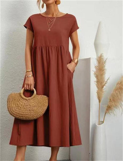 Solid Colour Sleeveless Loose Cotton Pocket Dress