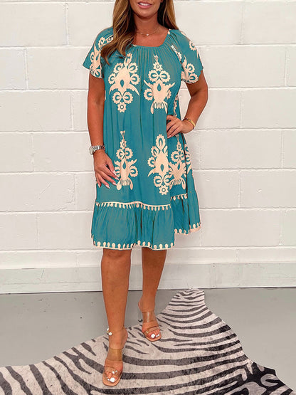Geometric Pattern Multi Print Square Neck Dress🔥Buy 2 Get 10% OFF