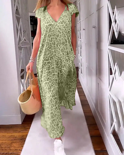 🌸Spring Sale 50% OFF✨V-neck Printed Short-sleeved Long Dress