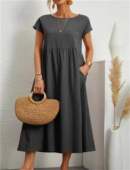 Solid Colour Sleeveless Loose Cotton Pocket Dress
