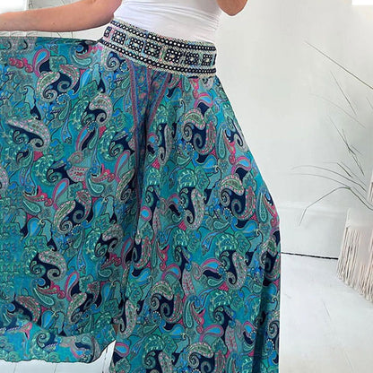 🌺2025 Spring Sale 50% OFF🌺Ethnic Paisley Print Elastic Patchwork-Waist Lightweight Pants