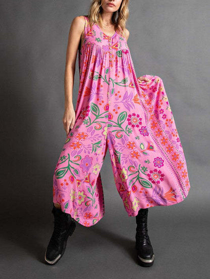 🔥Hot Sale 50% OFF🌷Vintage Floral Print Loose Sleeveless Jumpsuit🌸