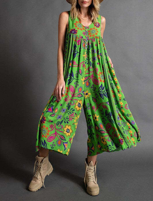 🔥Hot Sale 50% OFF🌷Vintage Floral Print Loose Sleeveless Jumpsuit🌸