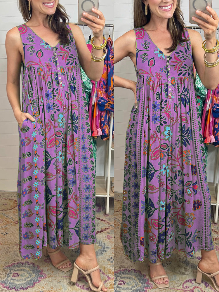 🔥Hot Sale 50% OFF🌷Vintage Floral Print Loose Sleeveless Jumpsuit🌸
