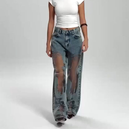 💥Hot Sale 50% OFF👖Women's Vintage Mesh Patchwork Printed Jeans