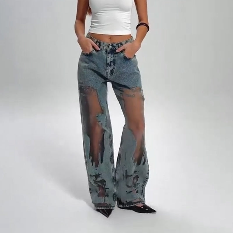 💥Hot Sale 50% OFF👖Women's Vintage Mesh Patchwork Printed Jeans