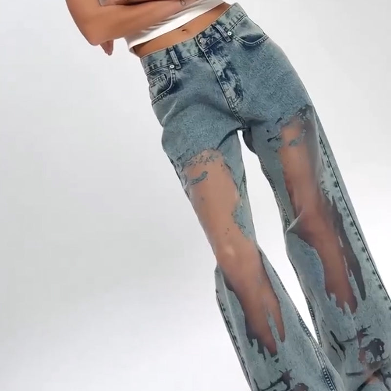 💥Hot Sale 50% OFF👖Women's Vintage Mesh Patchwork Printed Jeans