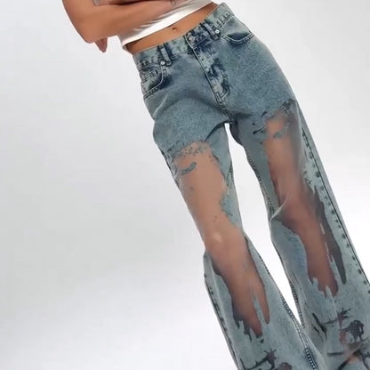 💥Hot Sale 50% OFF👖Women's Vintage Mesh Patchwork Printed Jeans