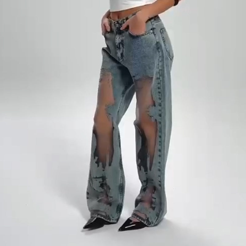 💥Hot Sale 50% OFF👖Women's Vintage Mesh Patchwork Printed Jeans