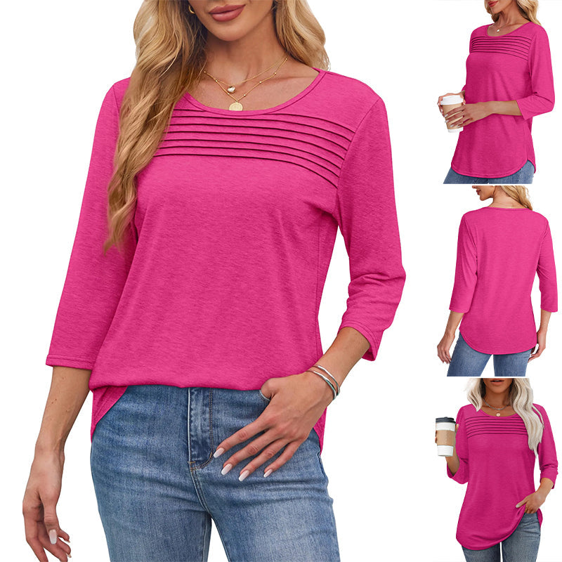 💕Last Day 50% OFF👚Women’s Pleated Detail 3/4 Sleeve Casual T-Shirt