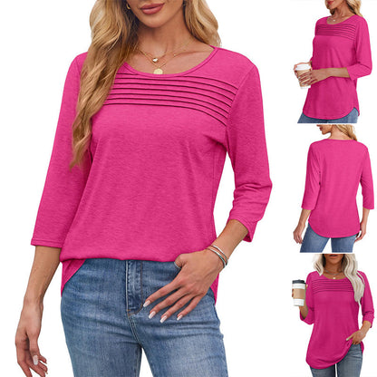 💕Last Day 50% OFF👚Women’s Pleated Detail 3/4 Sleeve Casual T-Shirt