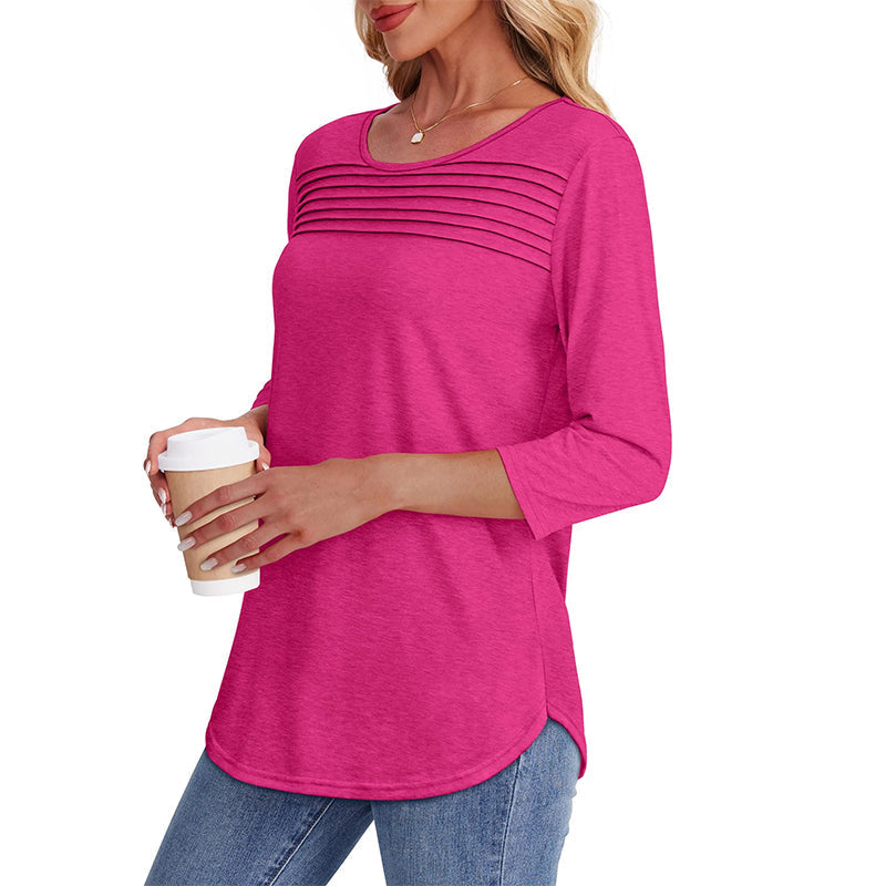 💕Last Day 50% OFF👚Women’s Pleated Detail 3/4 Sleeve Casual T-Shirt