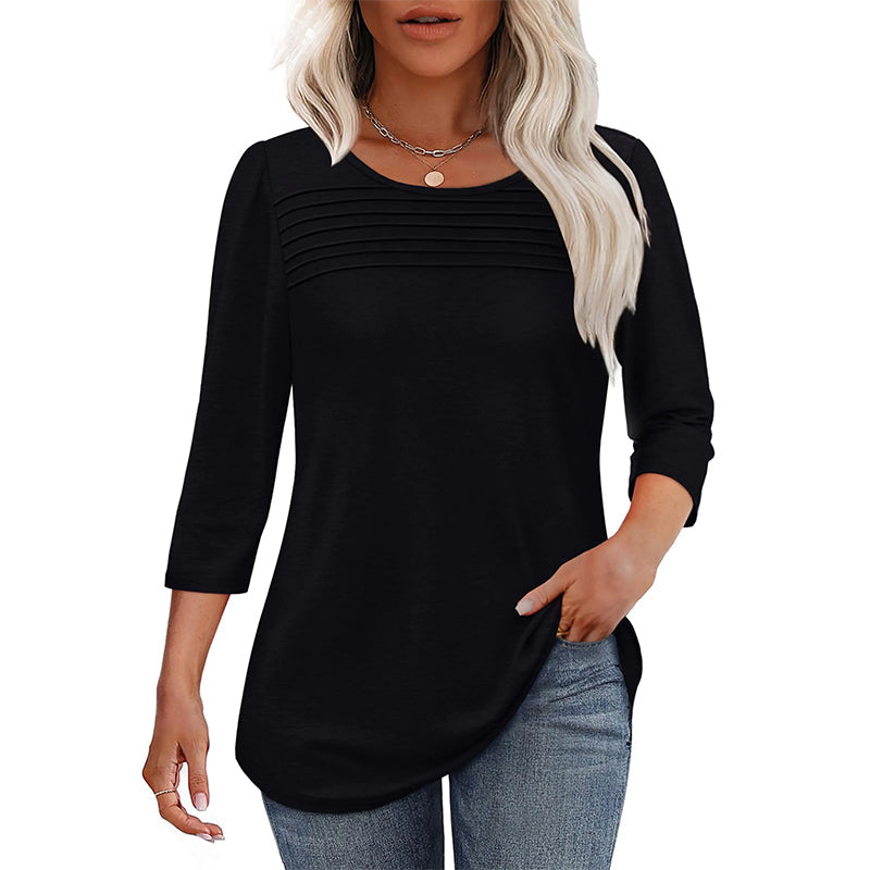 💕Last Day 50% OFF👚Women’s Pleated Detail 3/4 Sleeve Casual T-Shirt