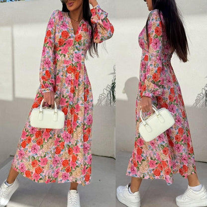 🌷Hot Sale 50% OFF🌸Fashion V-Neck Button Long Sleeve Floral Waist Dresses