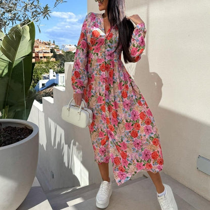 🌷Hot Sale 50% OFF🌸Fashion V-Neck Button Long Sleeve Floral Waist Dresses