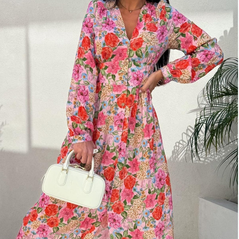🌷Hot Sale 50% OFF🌸Fashion V-Neck Button Long Sleeve Floral Waist Dresses
