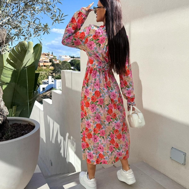 🌷Hot Sale 50% OFF🌸Fashion V-Neck Button Long Sleeve Floral Waist Dresses
