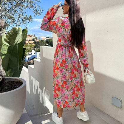 🌷Hot Sale 50% OFF🌸Fashion V-Neck Button Long Sleeve Floral Waist Dresses