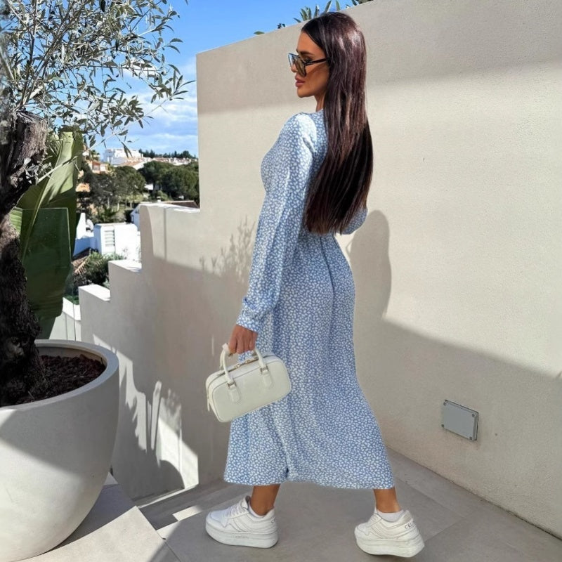 🌷Hot Sale 50% OFF🌸Fashion V-Neck Button Long Sleeve Floral Waist Dresses
