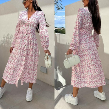 🌷Hot Sale 50% OFF🌸Fashion V-Neck Button Long Sleeve Floral Waist Dresses