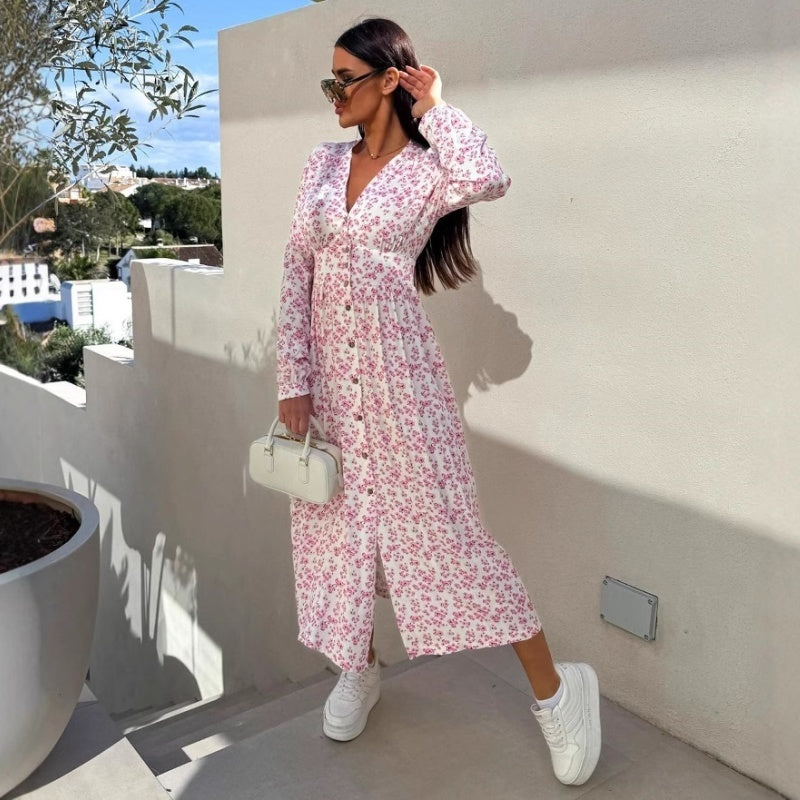 🌷Hot Sale 50% OFF🌸Fashion V-Neck Button Long Sleeve Floral Waist Dresses